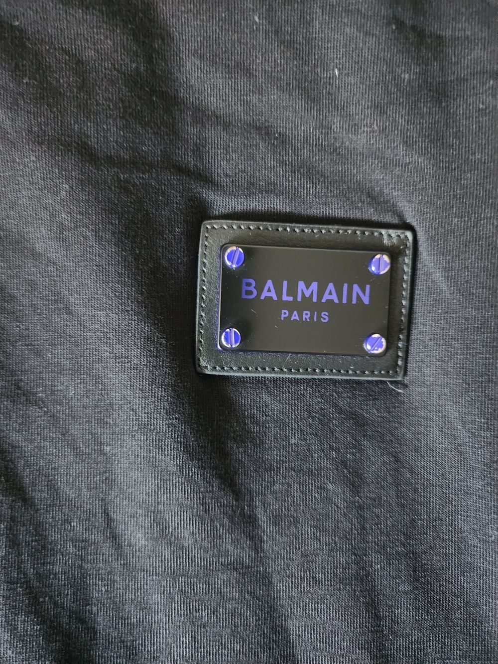 Balmain Black Short Sleeve Tee with Purple Logo Plate